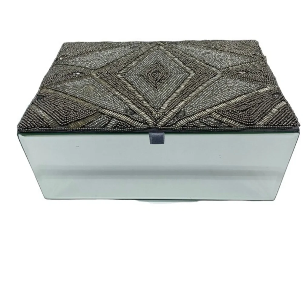 Beaded Mirror Geometric Trinket Box Accent Box  Made in India